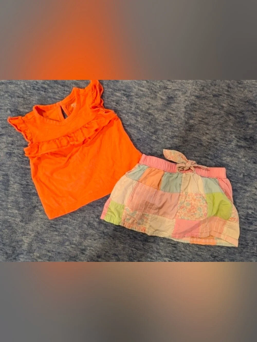 3M Orange Ruffle Sleeve Top with Pastel Patchwork Skirt